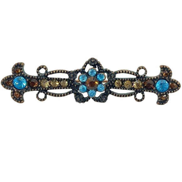 1928 Brand Bar Brooch Pin Vintage Womens Copper Tone Blue Faux Gems C Clasp